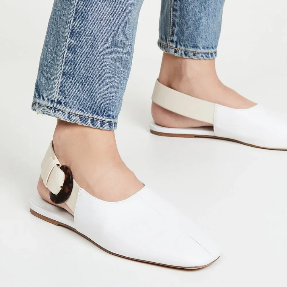 NWOB Vince Cadot White Leather Tortoise Buckle Slingback Flats $275